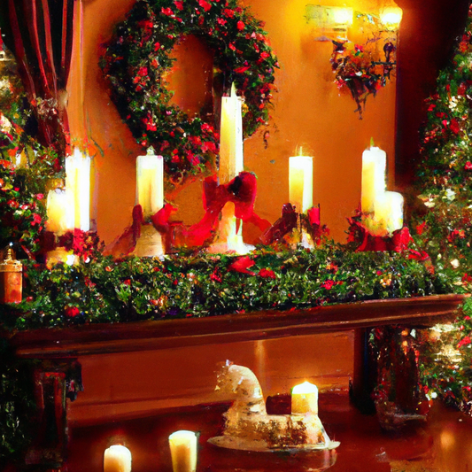 Create an enchanting holiday scene featuring a cozy living room decorated with Luminara Christmas candles. The room should be softly lit by the flickering glow of these realistic, flameless candles on
