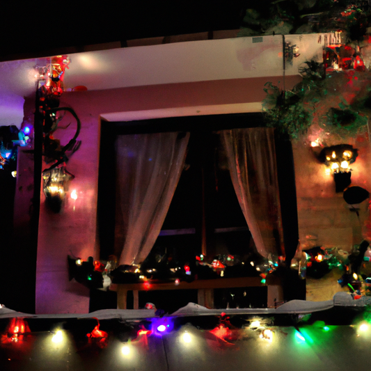 Imagine a glasshouse decorated for Christmas, with twinkling fairy lights hanging from the ceiling, poinsettias and other festive plants arranged in pots and around the room, a cozy seating area with 