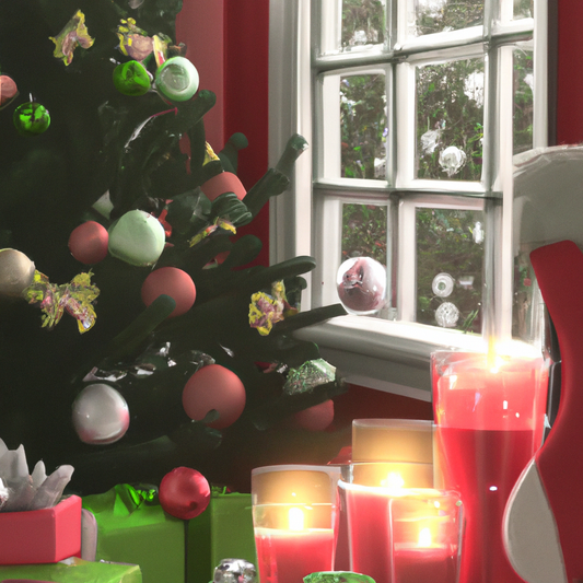 An inviting, cozy holiday scene featuring a beautifully decorated living room with a glowing Christmas tree, stockings hung by the fireplace, and an elegant display of festive Christmas candles on sal