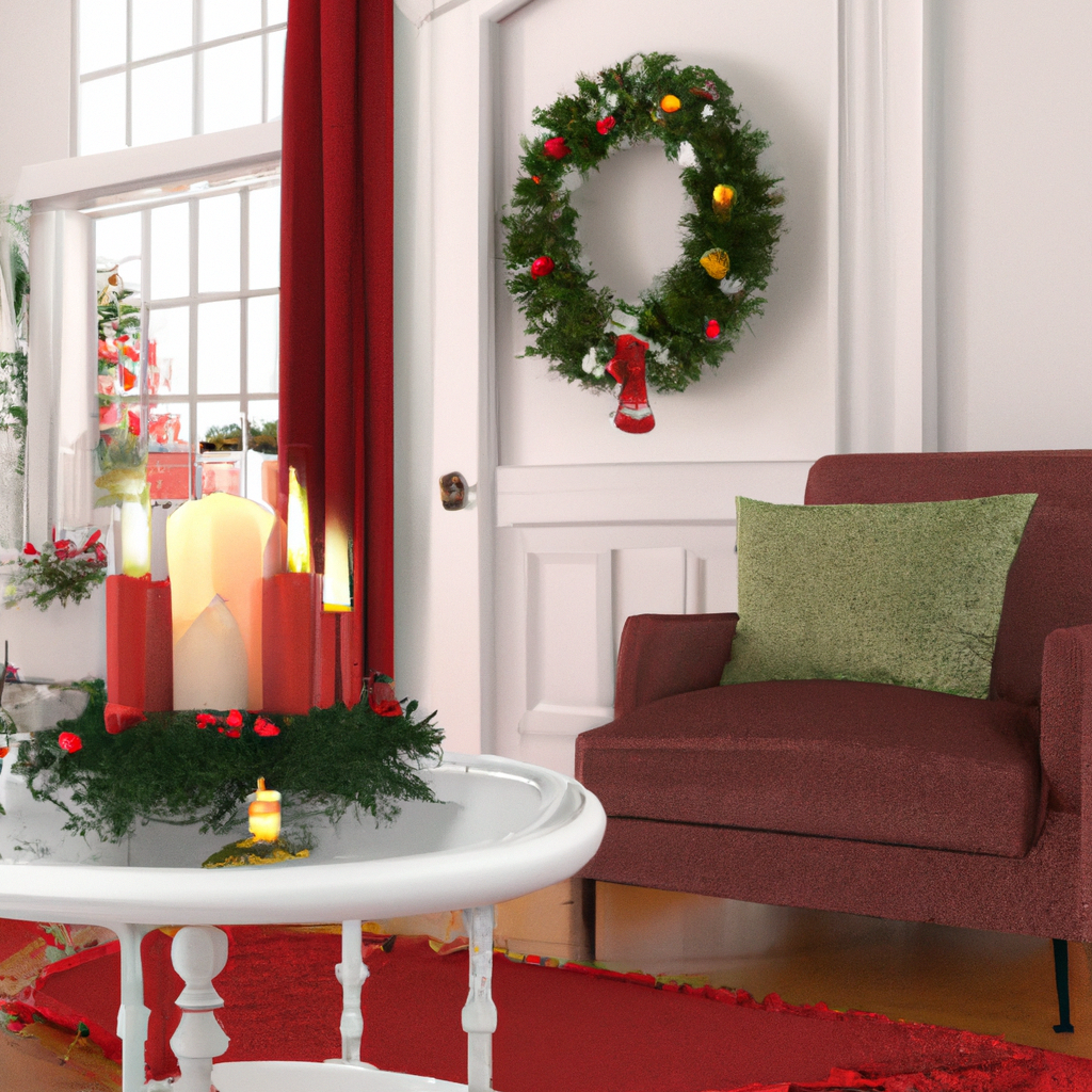 Create an image of a cozy living room adorned with festive holiday decorations. In the foreground, place a Yankee Candle labeled Christmas Wreath burning on a table, emitting fragrant wisps of pine an