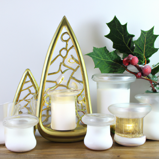Create a cozy and festive Christmas scene with beautifully designed tea light holders. The holders should reflect various holiday themes like snowflakes, reindeer, and Christmas trees, casting a warm 