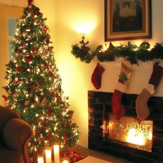 A cozy living room decorated for the holidays features a beautifully lit Christmas tree, stockings hung by the fireplace, and a festive mantel adorned with elegant battery-operated Christmas candles. 