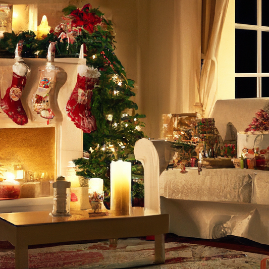 Create an image of a cozy living room setting, adorned with holiday decorations, featuring the Neom Christmas Wish 3 Wick Candle as the focal point. The room should be softly lit by the candle's warm 