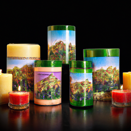 A vibrant scene featuring a variety of beautifully designed candles emitting different fragrances. The background includes iconic New Zealand landmarks like mountains, beaches, and forests. Each candl