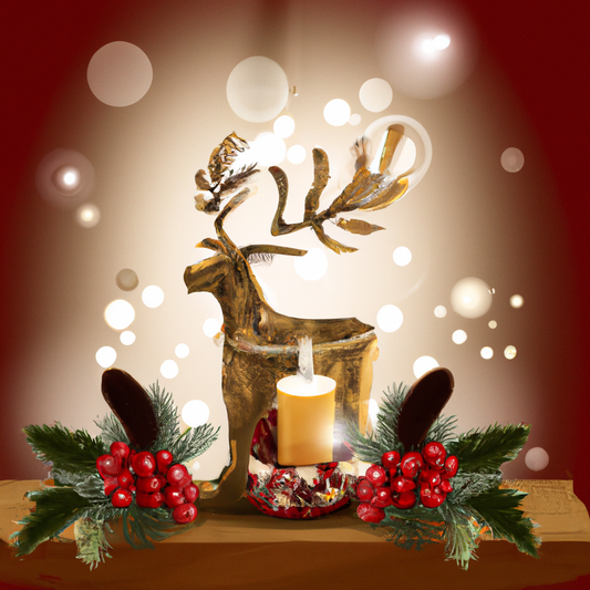 Create an image of a cozy, festive scene featuring a charming reindeer candle holder. The setting is a warmly-lit room decorated for the holiday season, with intricate details on the reindeer-shaped c