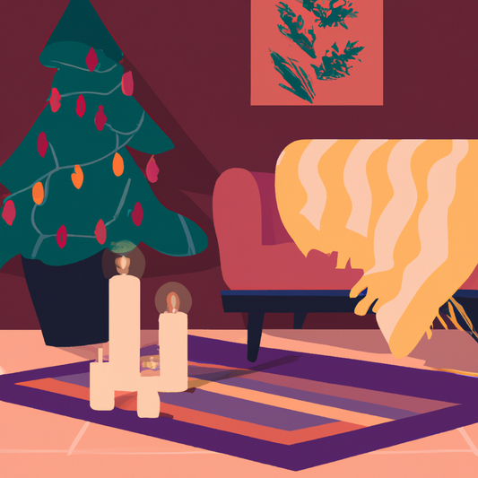 Create an image of a warm and inviting living room decorated for Christmas with glowing candles on the mantelpiece, a decorated Christmas tree in the corner, and a soft blanket draped over a comfy arm