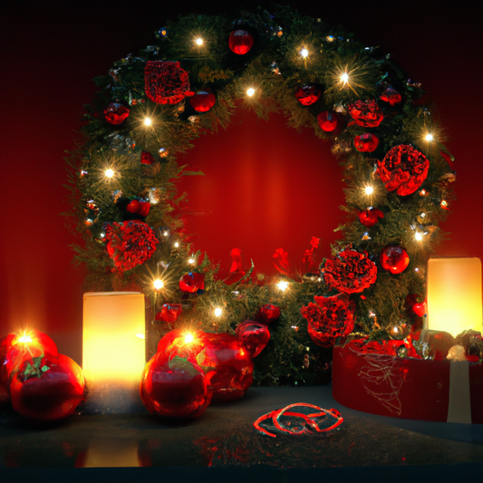 Create an image of a cozy, warmly lit room decorated for Christmas, filled with various candle arrangements casting a gentle glow. Include candles of different sizes and shapes, some in festive holder