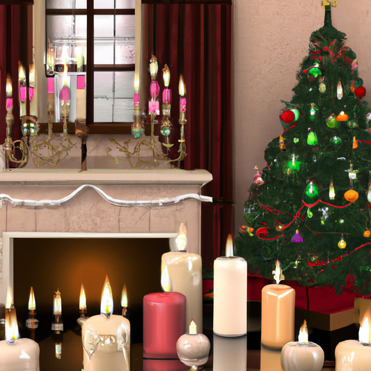 Create an enchanting holiday scene featuring a cozy living room adorned with floating Christmas candles. The room is softly lit with a warm glow, and the floating candles magically hover above a beaut