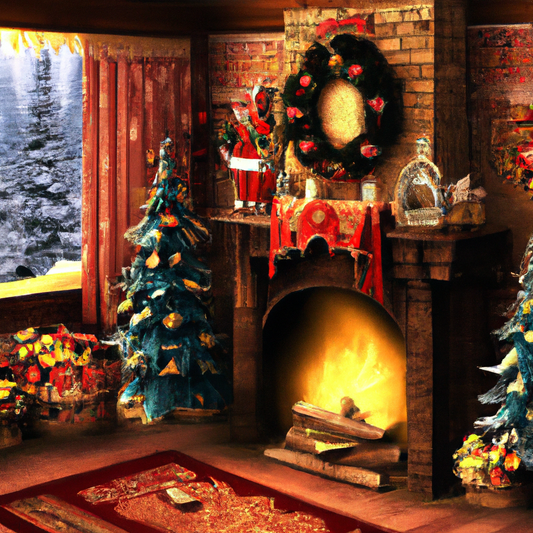 Create an enchanting image of a cozy, dimly lit room on Christmas Eve, where the warm glow of numerous Christmas candles casts soft, flickering shadows. The candles, varying in height and design, are 