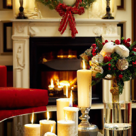 Create an image of a cozy and elegantly decorated room with a roaring fireplace, adorned with festive holiday decorations. In the foreground, place a luxurious Ralph Lauren Christmas candle on a table