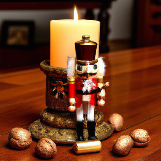 Create an image depicting a warm and inviting cozy living room setting during the holiday season, with a focus on a beautifully crafted nutcracker-shaped candle sitting on a polished wooden coffee tab