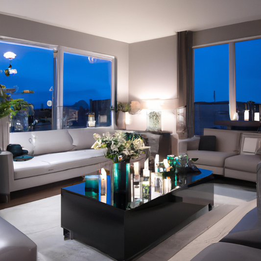 A cozy, warmly lit living room with large windows adorned with elegant LED window candles. The soft glow of the candles contrasts beautifully against the twilight sky outside, creating a welcoming and