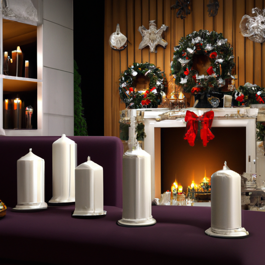 Create an image of a cozy, festive living room adorned with various beautiful advent candles. Show a variety of candle styles, including traditional tapers, rustic pillar candles, and modern minimalis