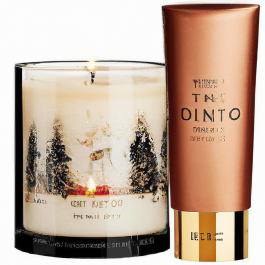 Create a festive scene featuring a beautifully designed Christmas candle from Diptyque. The candle should be surrounded by holiday decorations like ornaments, pine branches, and sparkling lights. Ther