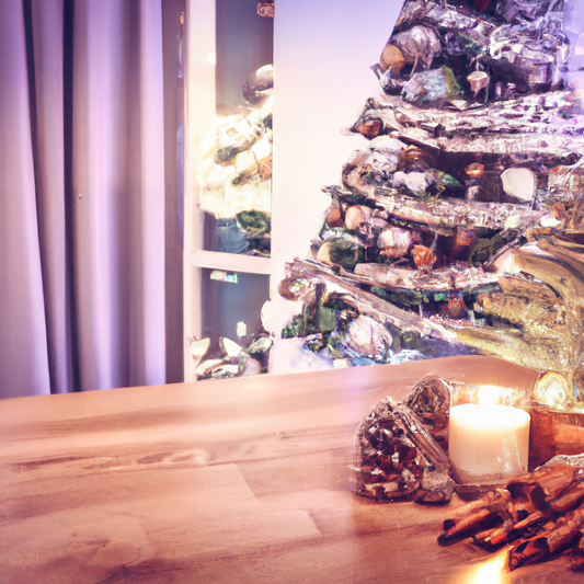 A cozy living room decorated for Christmas with a beautifully adorned tree in the corner, softly lit by warm string lights. On a rustic wooden coffee table, place a lit Christmas tree scented candle, 