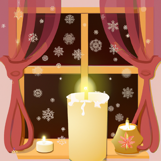 Create a cozy evening scene of a warmly lit room with a traditional window candle displayed prominently on a windowsill. The candlelight should cast a soft, inviting glow throughout the room, highligh