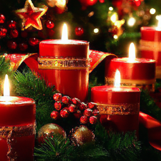Create an image of a cozy holiday setting showcasing a variety of beautifully designed Christmas candles. The candles should include an array of festive shapes and colors, such as snowflakes, pine tre