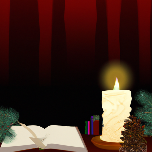 Create an image of a warm, cozy living room setting on Christmas Eve. The room is softly lit by the glow of a flickering Night Before Christmas scented candle placed on a wooden coffee table. Surround