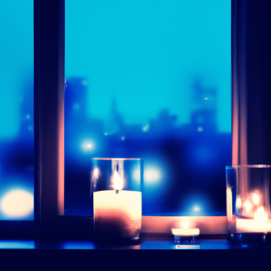 Create an image of a cozy, warmly lit room at sunset featuring charming solar-powered window candles lined up on a windowsill. The room should have a modern yet inviting design with soft, ambient ligh