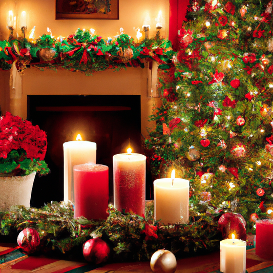 Create an image of a cozy living room decorated for the holidays, featuring a collection of Woodwick Christmas candles. The candles should be displayed on a wooden coffee table, surrounded by festive 