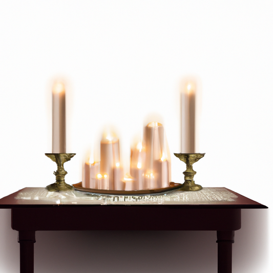 Create an image of a luxurious, cozy living room setting during the Christmas season. The room is softly lit by an array of elegant, beautifully designed Christmas candles placed on a mantelpiece and 