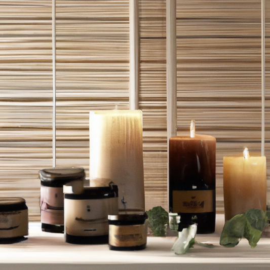Create an image of a serene, cozy room in New Zealand featuring a variety of beautifully designed aromatherapy candles. The scene should include candles emitting gentle, calming light and soft trails 