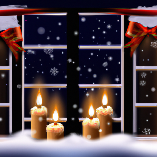 Create an image of a cozy winter scene featuring a snow-covered house with classic Christmas window candles glowing warmly in each window. The candles should emit a soft golden light, illuminating fes