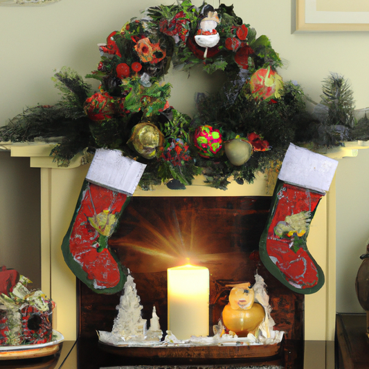 Create a warm, inviting scene of a living room decorated in festive Christmas decor, featuring a beautifully designed Nest Christmas candle as the centerpiece. The candle should emit a soft, glowing l