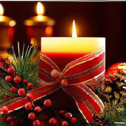 Create a warm and inviting Christmas scene featuring a beautifully decorated holiday candle. The candle should be adorned with festive elements like holly, berries, and a red ribbon. It's lit and plac