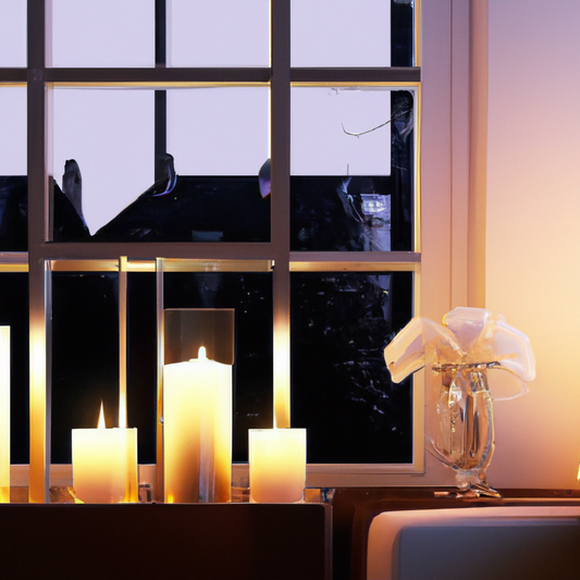 Create an image of a cozy living room interior at twilight, showcasing elegantly arranged wireless window candles on the window sills. The warm glow from the candles should cast a serene and inviting 