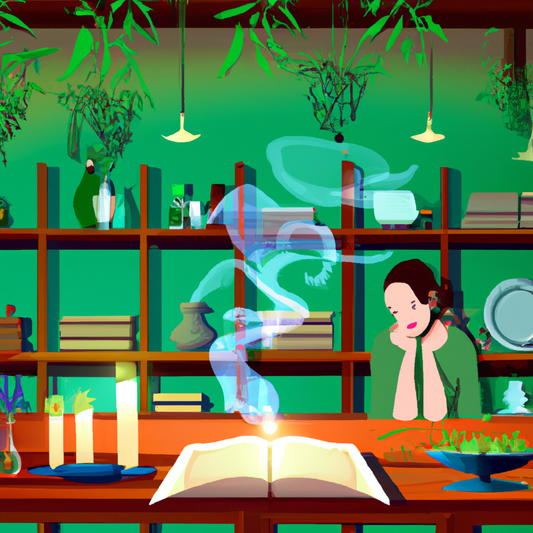 Create an image of a serene, cozy room bathed in soft, warm light from aromatherapy candles. The room features comfortable seating, houseplants, and shelves with essential oils. A person is relaxing w