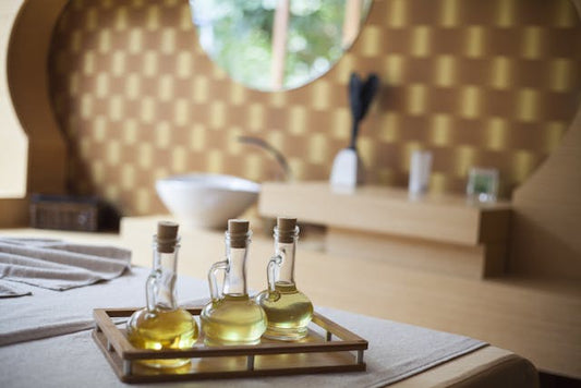 An array of sleek and modern USB oil diffusers displayed on a wooden table with a backdrop of lush New Zealand landscapes, each diffuser emitting a gentle mist infused with lavender, surrounded by a s