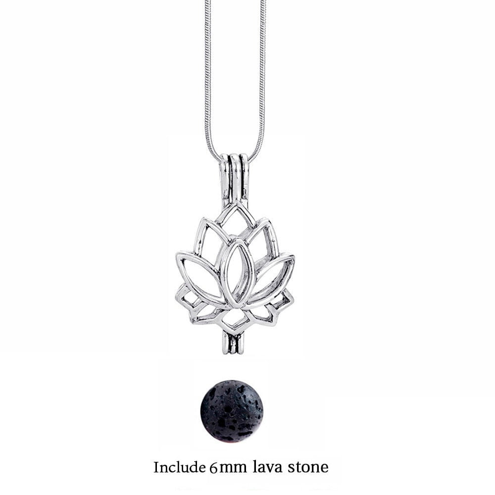 Lotus - Lava Stone Diffuser Necklace Silver / Essential Oil Diffuser - Jewelry